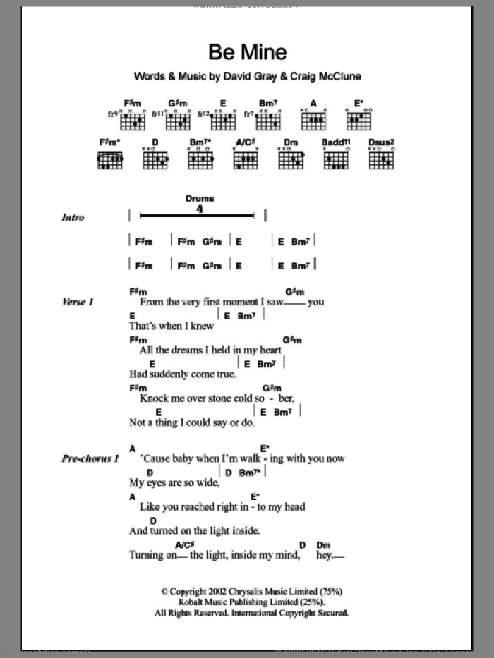 Be Mine sheet music for guitar (chords) by David Gray and Craig McClune, intermediate skill level
