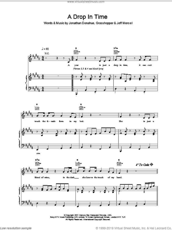 A Drop In Time sheet music for voice, piano or guitar by Mercury Rev and Jonathan Donahue, intermediate skill level