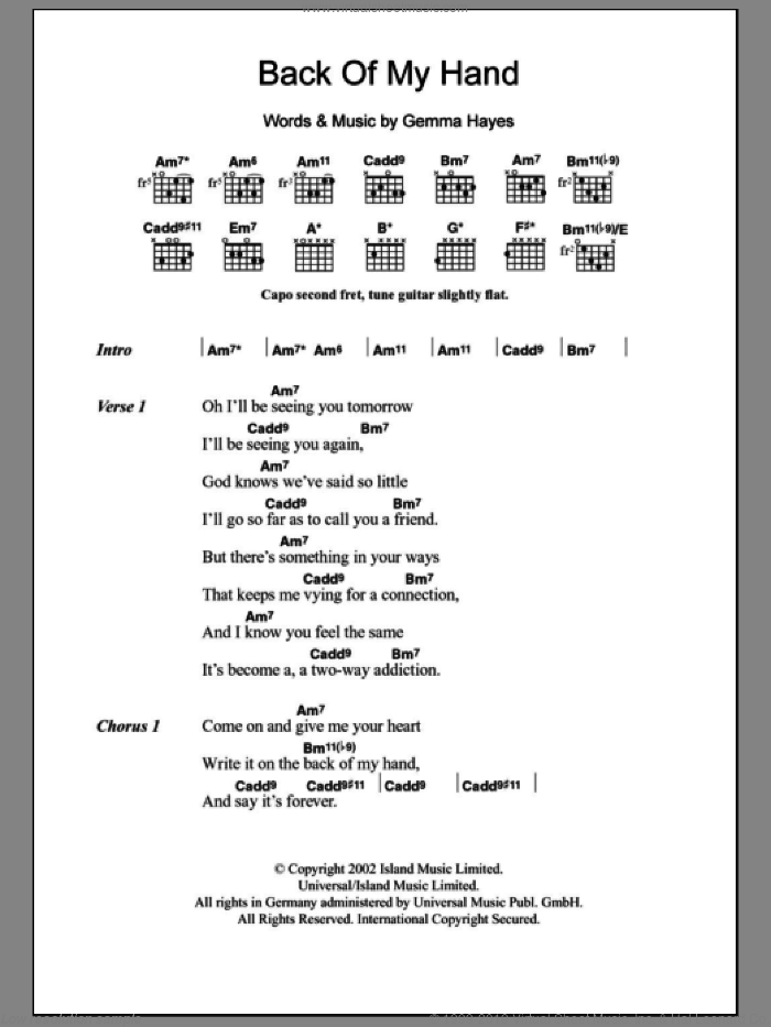 Back Of My Hand sheet music for guitar (chords) by Gemma Hayes, intermediate skill level