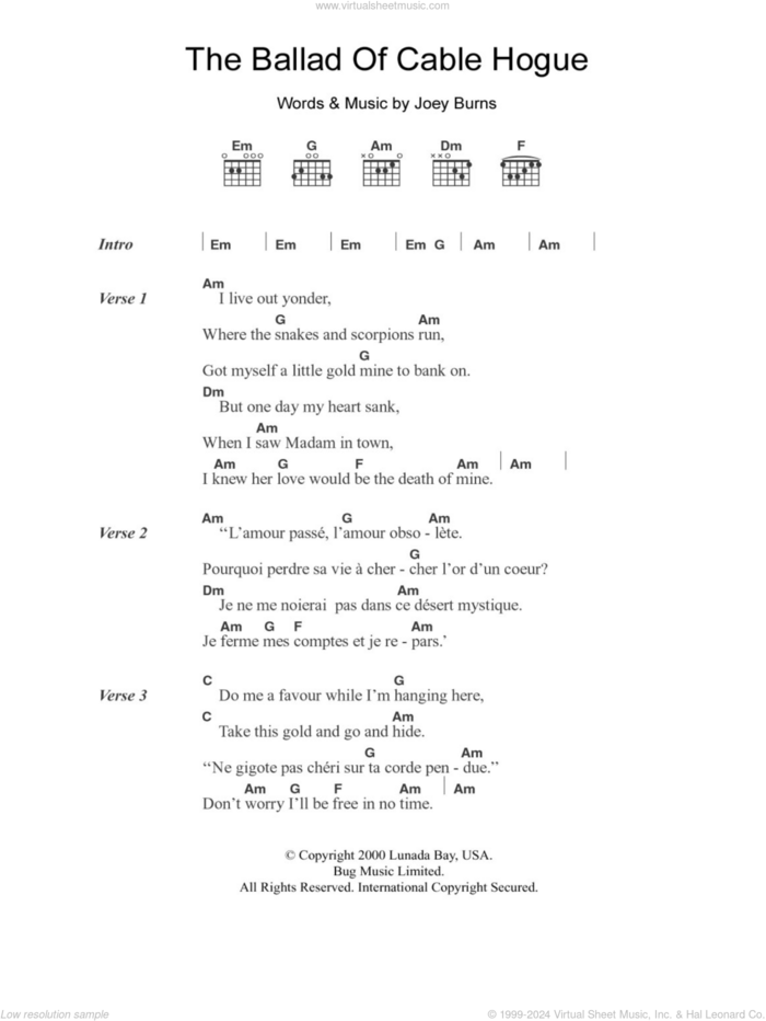 The Ballad Of Cable Hogue sheet music for guitar (chords) by Calexico and Joey Burns, intermediate skill level