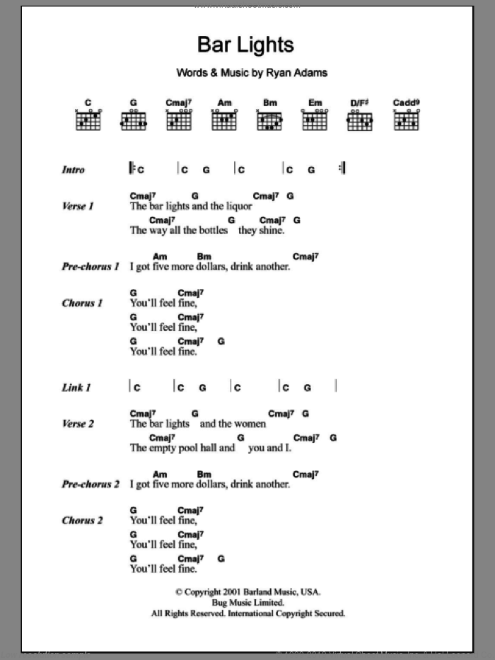 Bar Lights sheet music for guitar (chords) by Whiskeytown and Ryan Adams, intermediate skill level