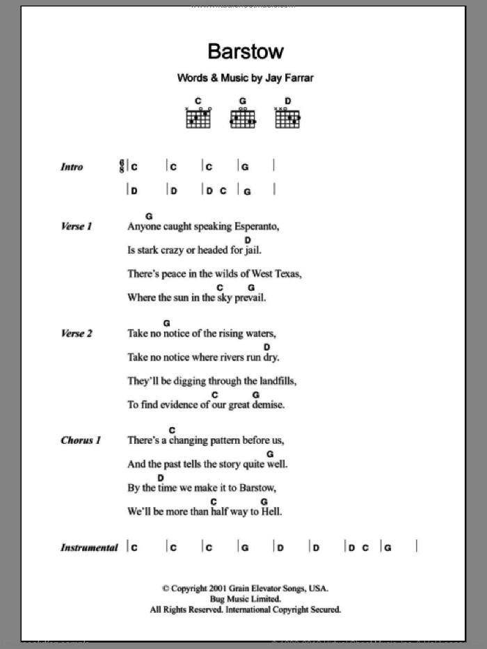 Barstow sheet music for guitar (chords) by Jay Farrar, intermediate skill level
