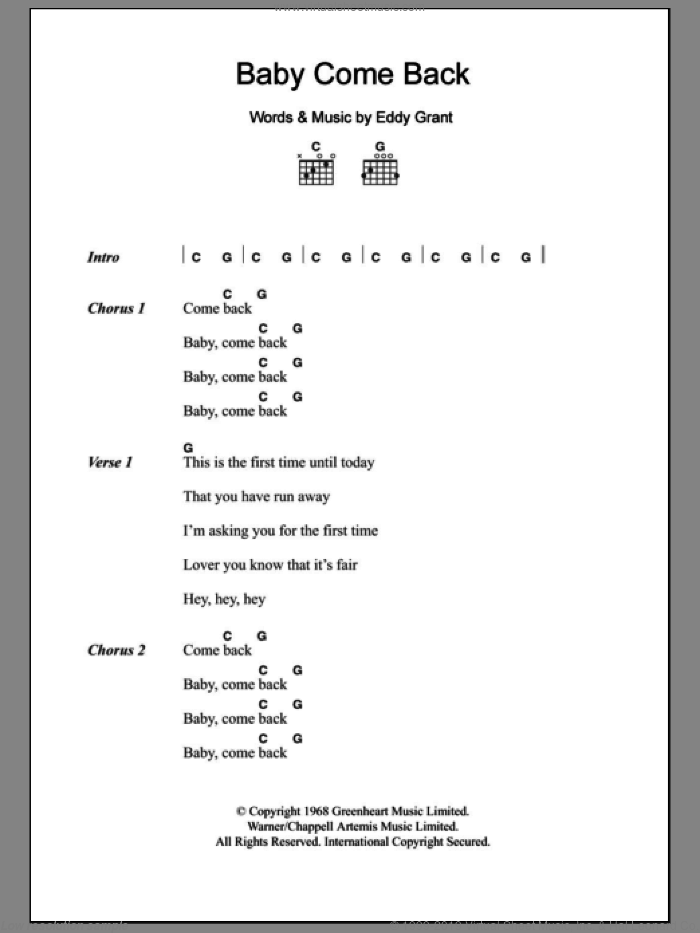 Baby Come Back sheet music for guitar (chords) by Eddy Grant, intermediate skill level