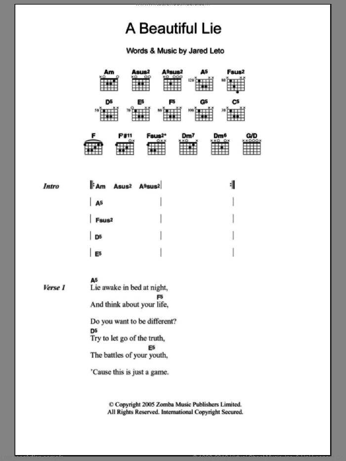 A Beautiful Lie sheet music for guitar (chords) by 30 Seconds To Mars and Jared Leto, intermediate skill level