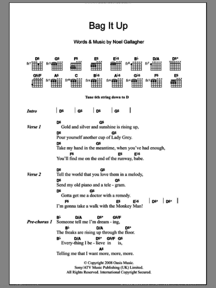 Bag It Up sheet music for guitar (chords) by Oasis and Noel Gallagher, intermediate skill level