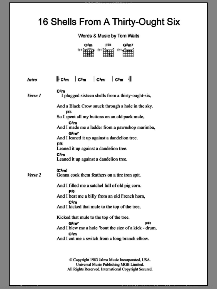 16 Shells From A Thirty-Ought Six sheet music for guitar (chords) by Tom Waits, intermediate skill level