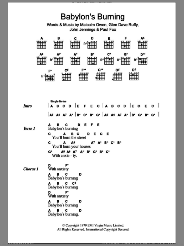 Babylon's Burning sheet music for guitar (chords) by The Ruts, Glen Dave Ruffy, John Jennings, Malcolm Owen and Paul Fox, intermediate skill level