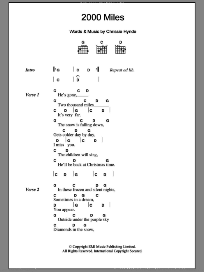 2000 Miles sheet music for guitar (chords) by The Pretenders and Chrissie Hynde, intermediate skill level