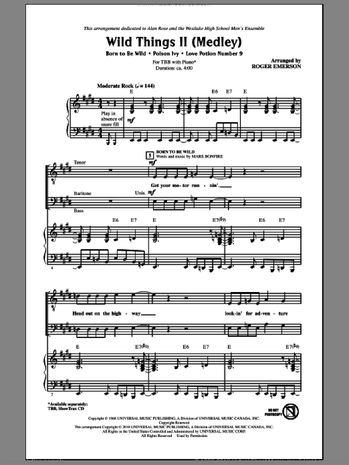Wild Things II (Medley) sheet music for choir (TBB: tenor, bass) by Roger Emerson, intermediate skill level