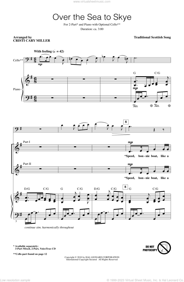 The Skye Boat Song sheet music for choir (2-Part) by Cristi Cary Miller, intermediate duet
