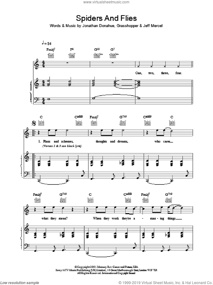 Spiders And Flies sheet music for voice, piano or guitar by Mercury Rev and Jonathan Donahue, intermediate skill level