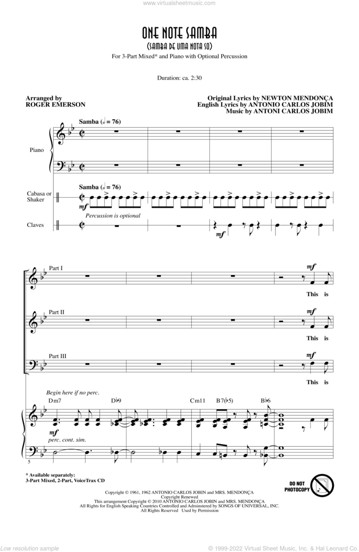 One Note Samba (Samba De Uma Nota So) sheet music for choir (3-Part Mixed) by Antonio Carlos Jobim, Newton Mendonca and Roger Emerson, intermediate skill level