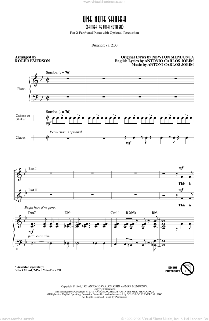 One Note Samba (Samba De Uma Nota So) sheet music for choir (2-Part) by Antonio Carlos Jobim, Newton Mendonca and Roger Emerson, intermediate duet