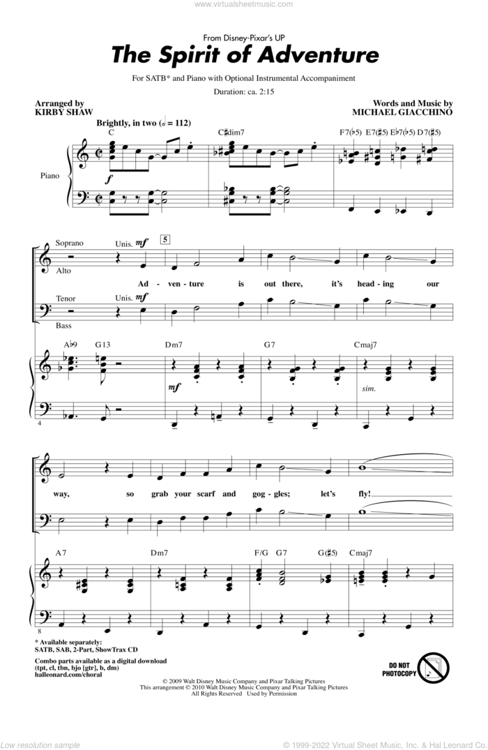 The Spirit Of Adventure sheet music for choir (SATB: soprano, alto, tenor, bass) by Michael Giacchino and Kirby Shaw, intermediate skill level