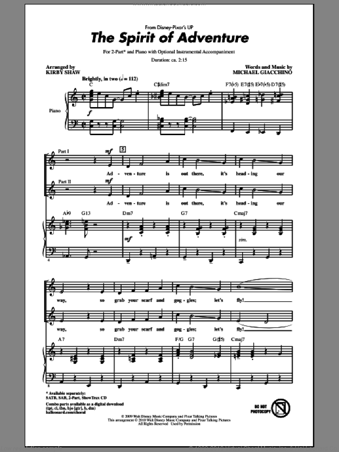 The Spirit Of Adventure sheet music for choir (2-Part) by Michael Giacchino and Kirby Shaw, intermediate duet