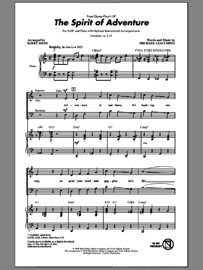 The Spirit Of Adventure sheet music for choir (SAB: soprano, alto, bass) by Michael Giacchino and Kirby Shaw, intermediate skill level