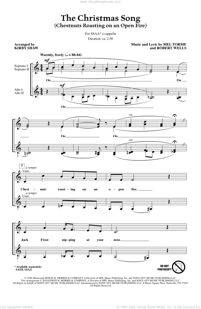 The Christmas Song (Chestnuts Roasting On An Open Fire) sheet music for choir (SSAA: soprano, alto) by Mel Torme, Robert Wells and Kirby Shaw, intermediate skill level