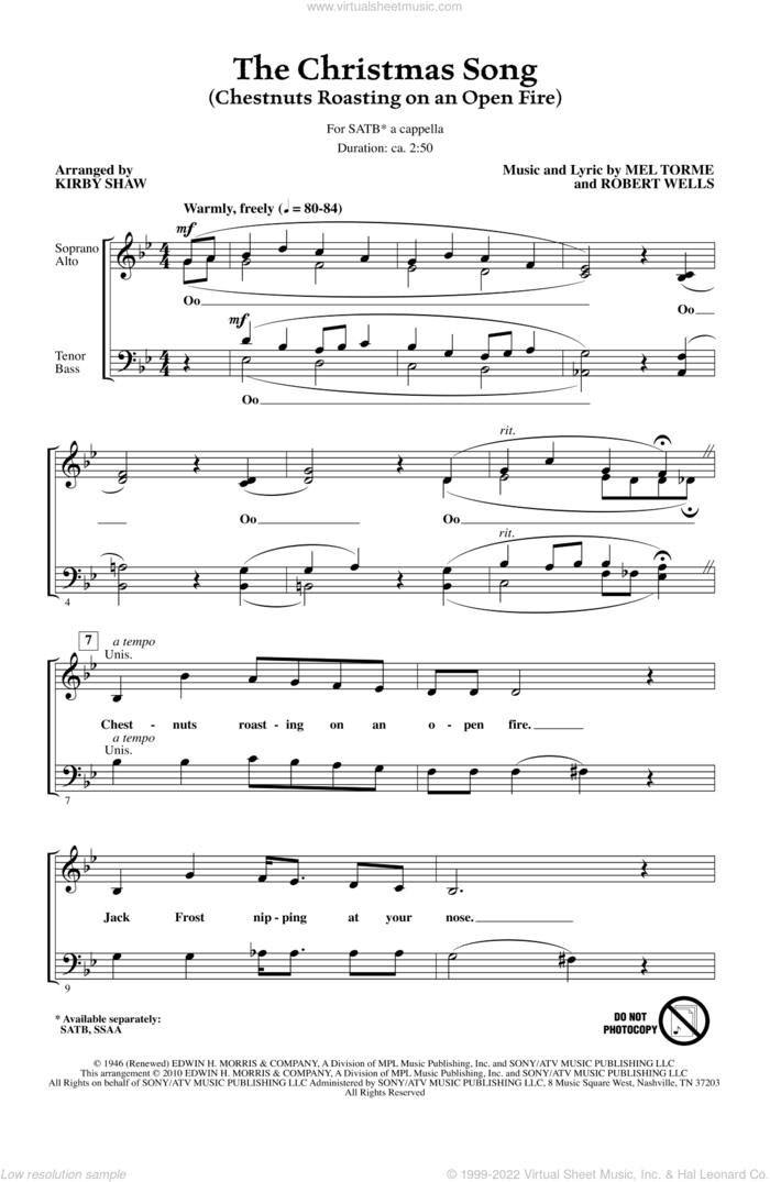 The Christmas Song (Chestnuts Roasting On An Open Fire) sheet music for choir (SATB: soprano, alto, tenor, bass) by Mel Torme, Robert Wells and Kirby Shaw, intermediate skill level