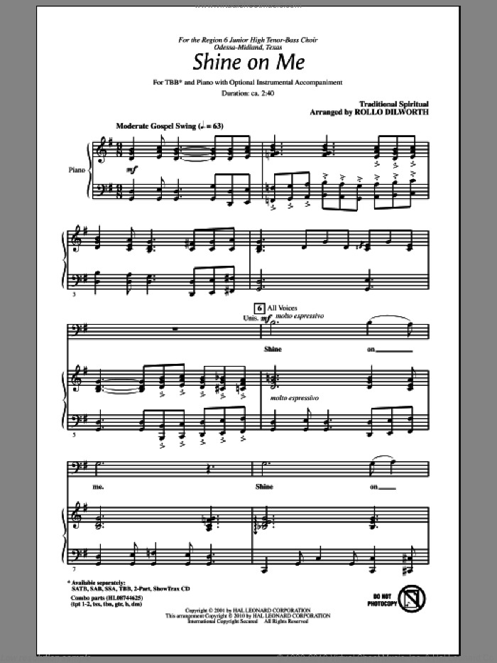Shine On Me sheet music for choir (TBB: tenor, bass) by Rollo Dilworth and Miscellaneous, intermediate skill level