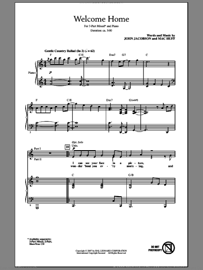 Welcome Home sheet music for choir (3-Part Mixed) by Mac Huff and John Jacobson, intermediate skill level