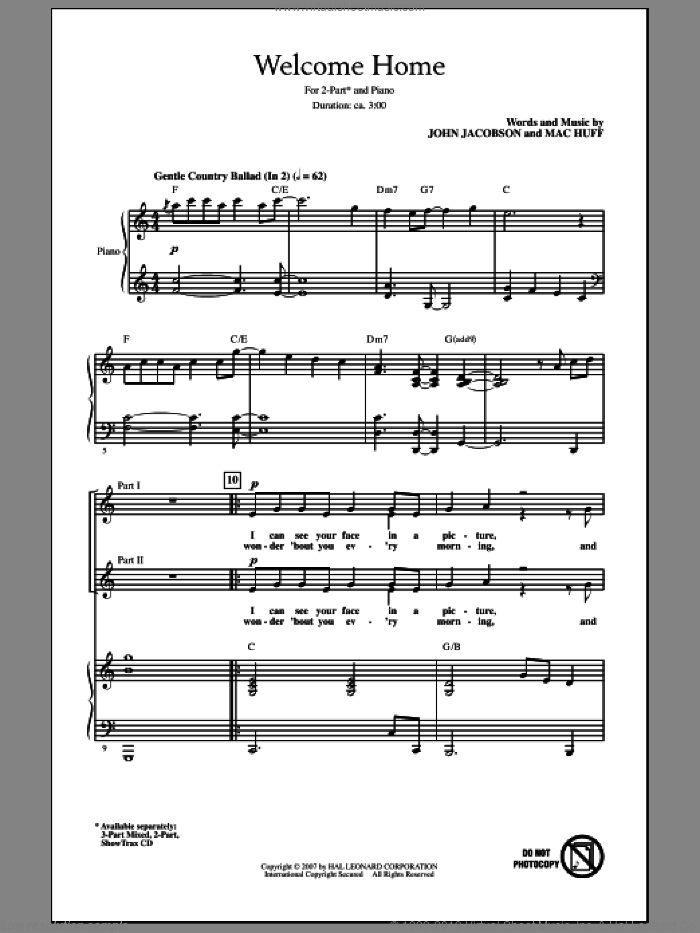 Welcome Home sheet music for choir (2-Part) by Mac Huff and John Jacobson, intermediate duet