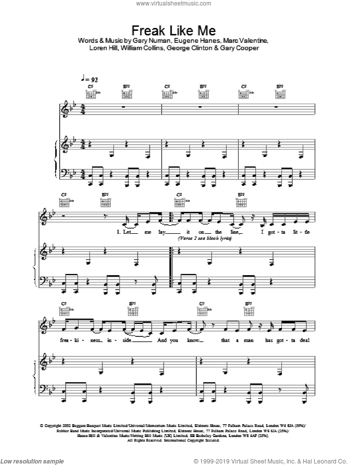 Freak Like Me sheet music for voice, piano or guitar by Sugababes, Eugene Hanes, Gary Numan and Marc Valentine, intermediate skill level