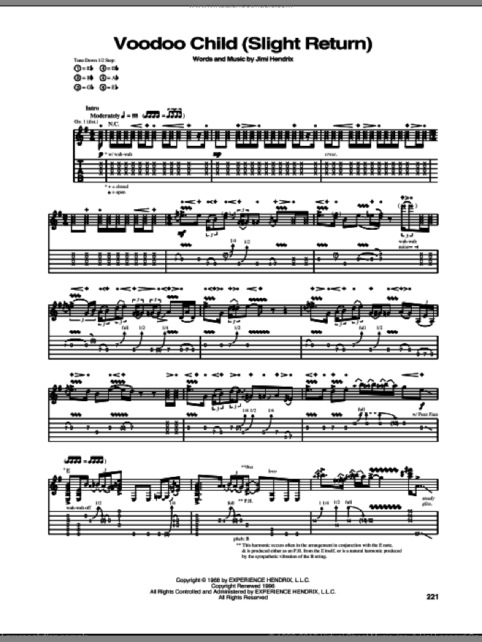 Voodoo Child (Slight Return) sheet music for guitar (tablature) by Jimi Hendrix and Stevie Ray Vaughan, intermediate skill level