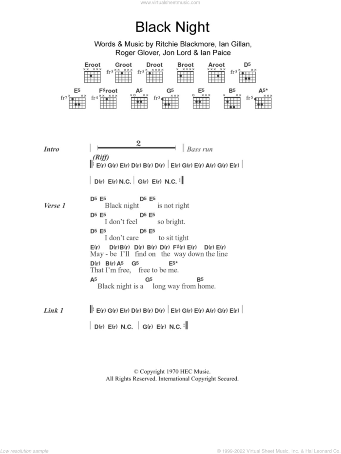 Black Night sheet music for guitar (chords) by Deep Purple, Ian Gillan, Ian Paice, Jon Lord, Ritchie Blackmore and Roger Glover, intermediate skill level
