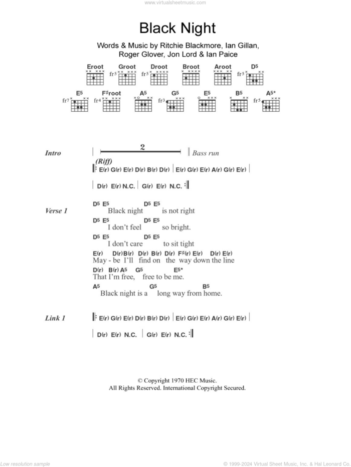 Black Night sheet music for guitar (chords) by Deep Purple, Ian Gillan, Ian Paice, Jon Lord, Ritchie Blackmore and Roger Glover, intermediate skill level