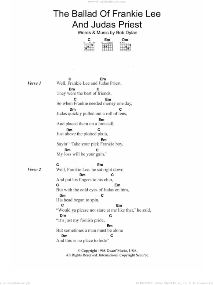 The Ballad Of Frankie Lee And Judas Priest sheet music for guitar (chords) by Bob Dylan, intermediate skill level