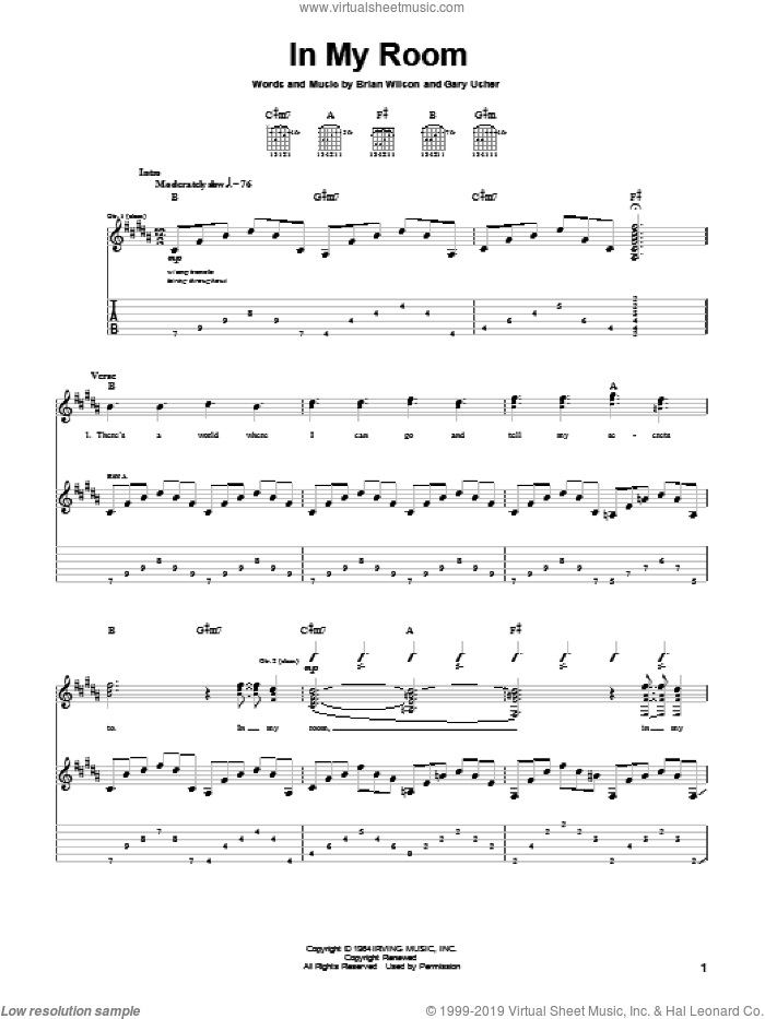 In My Room sheet music for guitar (tablature) by The Beach Boys, Brian Wilson and Gary Usher, intermediate skill level