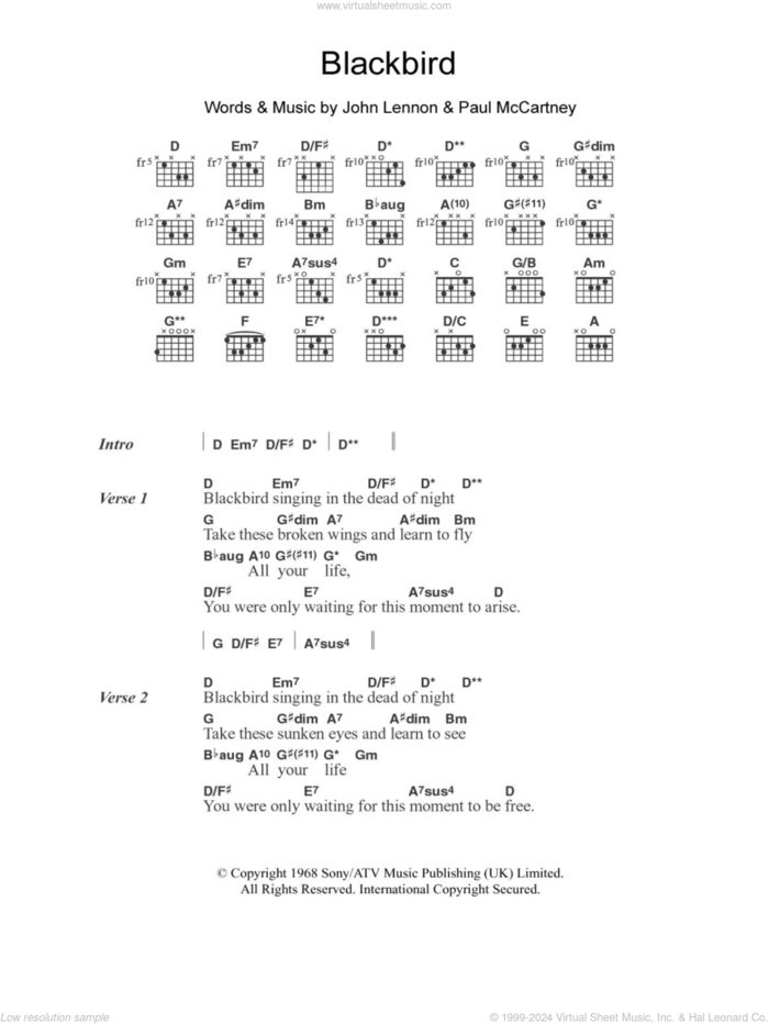 Blackbird sheet music for guitar (chords) by Jodie Winter, The Beatles, John Lennon and Paul McCartney, intermediate skill level