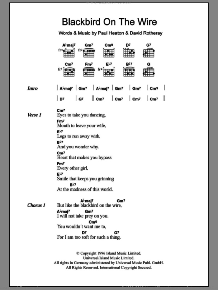 Blackbird On The Wire sheet music for guitar (chords) by The Beautiful South, David Rotheray and Paul Heaton, intermediate skill level