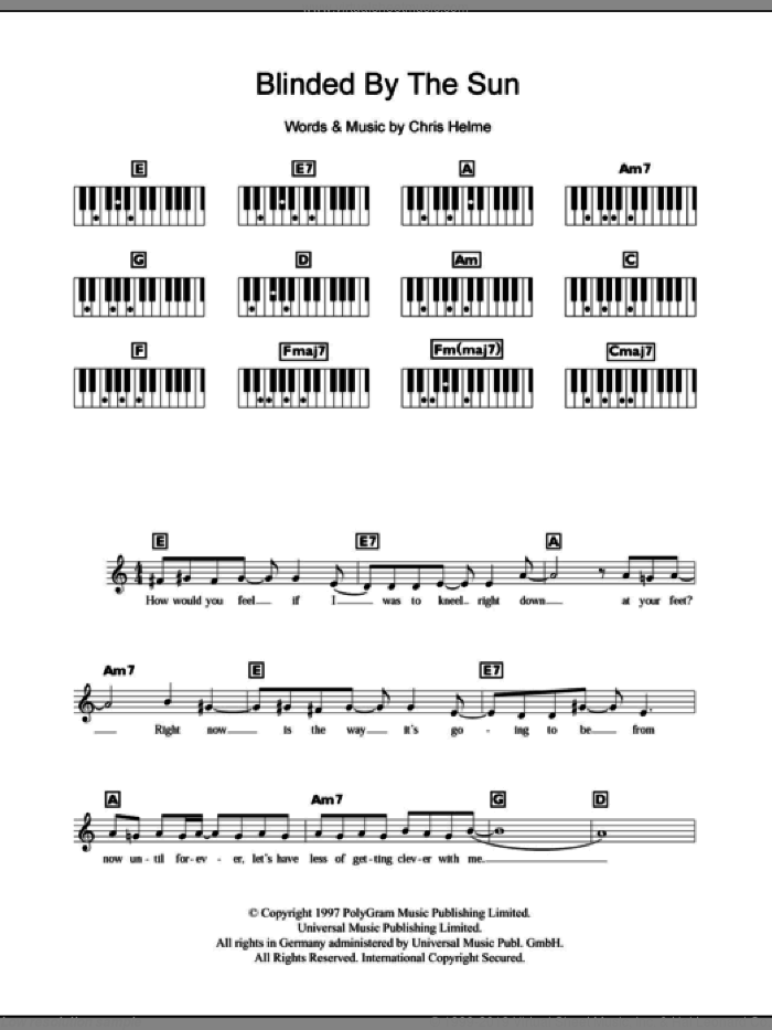 Blinded By The Sun sheet music for piano solo (chords, lyrics, melody) by The Seahorses and Chris Helme, intermediate piano (chords, lyrics, melody)