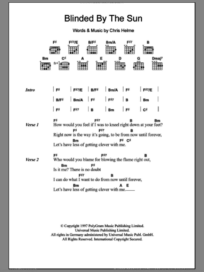 Blinded By The Sun sheet music for guitar (chords) by The Seahorses and Chris Helme, intermediate skill level