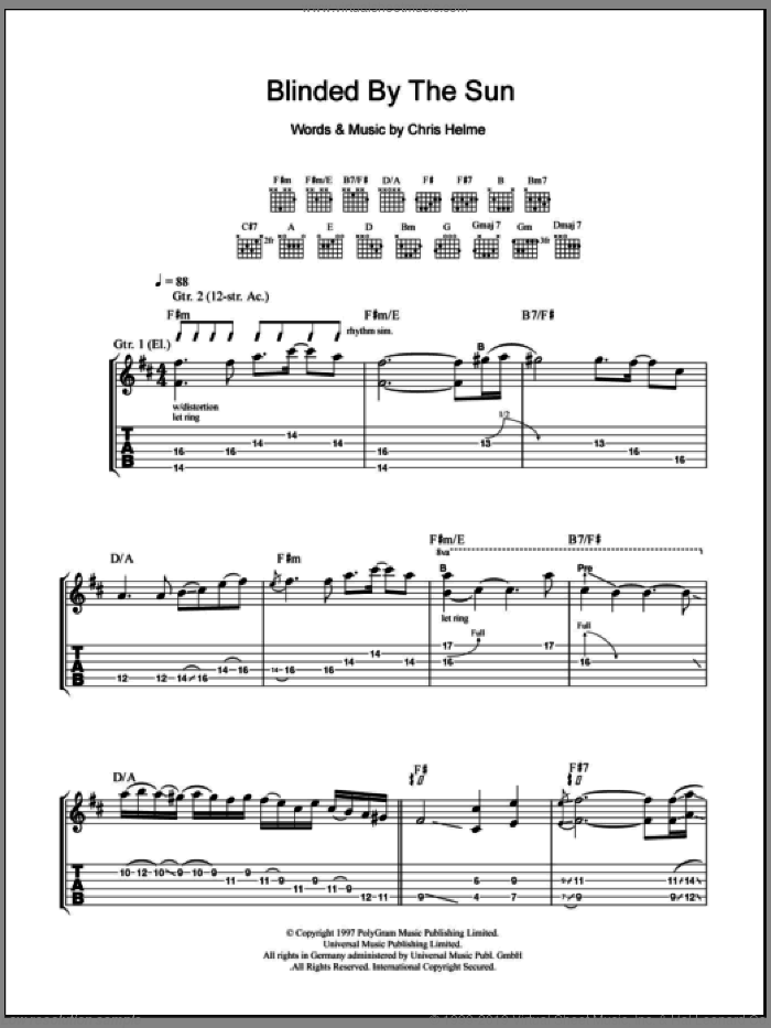 Blinded By The Sun sheet music for guitar (tablature) by The Seahorses and Chris Helme, intermediate skill level