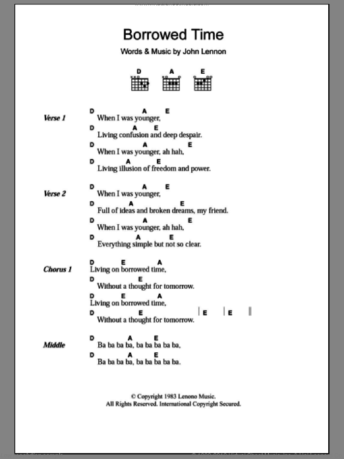 Borrowed Time sheet music for guitar (chords) by John Lennon, intermediate skill level
