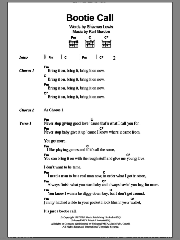 Bootie Call sheet music for guitar (chords) by All Saints, Karl Gordon and Shaznay Lewis, intermediate skill level