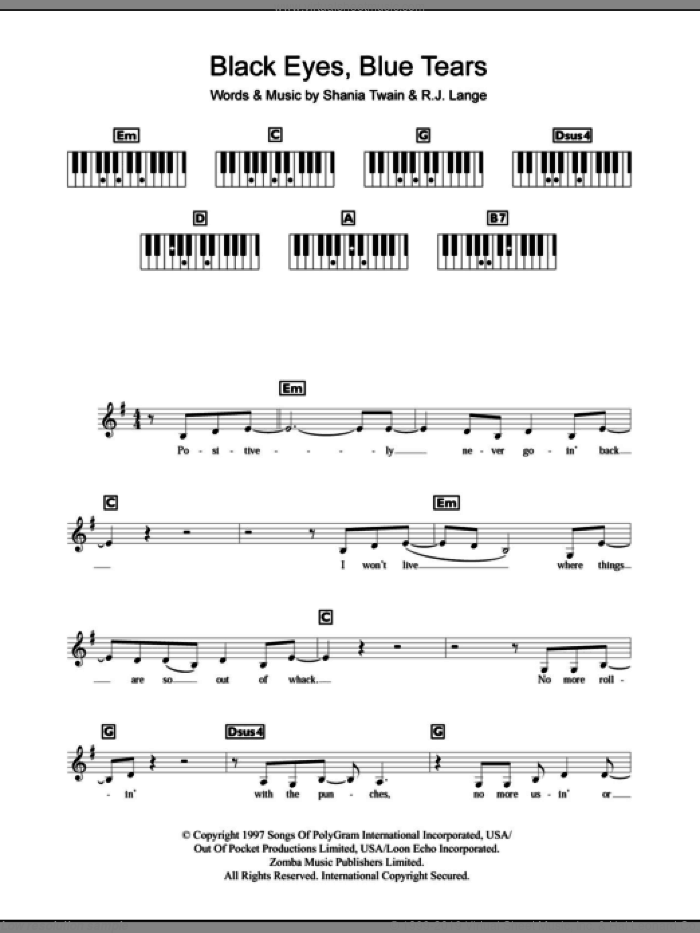 Black Eyes, Blue Tears sheet music for piano solo (chords, lyrics, melody) by Shania Twain and Robert John Lange, intermediate piano (chords, lyrics, melody)