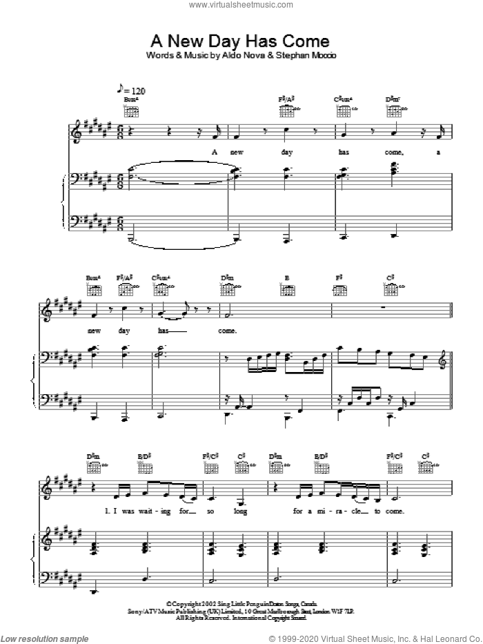 A New Day Has Come sheet music for voice, piano or guitar by Stephan Moccio, Celine Dion and Aldo Nova, intermediate skill level