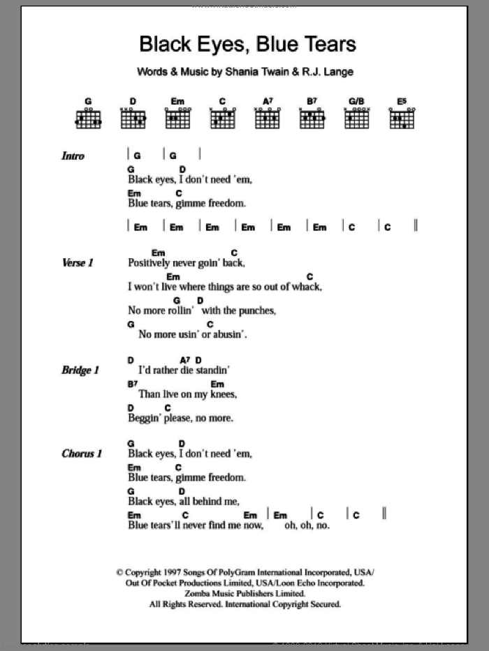 Black Eyes, Blue Tears sheet music for guitar (chords) by Shania Twain and Robert John Lange, intermediate skill level