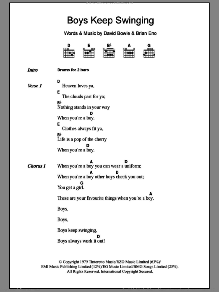 Boys Keep Swinging sheet music for guitar (chords) by David Bowie and Brian Eno, intermediate skill level