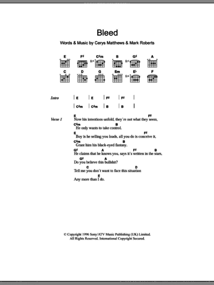Bleed sheet music for guitar (chords) by Catatonia, Cerys Matthews and Mark Roberts, intermediate skill level