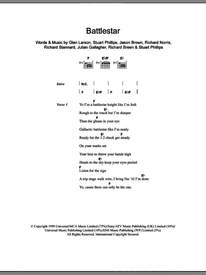 Battlestar sheet music for guitar (chords) by Glen Larson, Ben Folds Five, Jason Brown, Julian Gallagher, Richard Breen, Richard Norris, Richard Stannard and Stuart Phillips, intermediate skill level