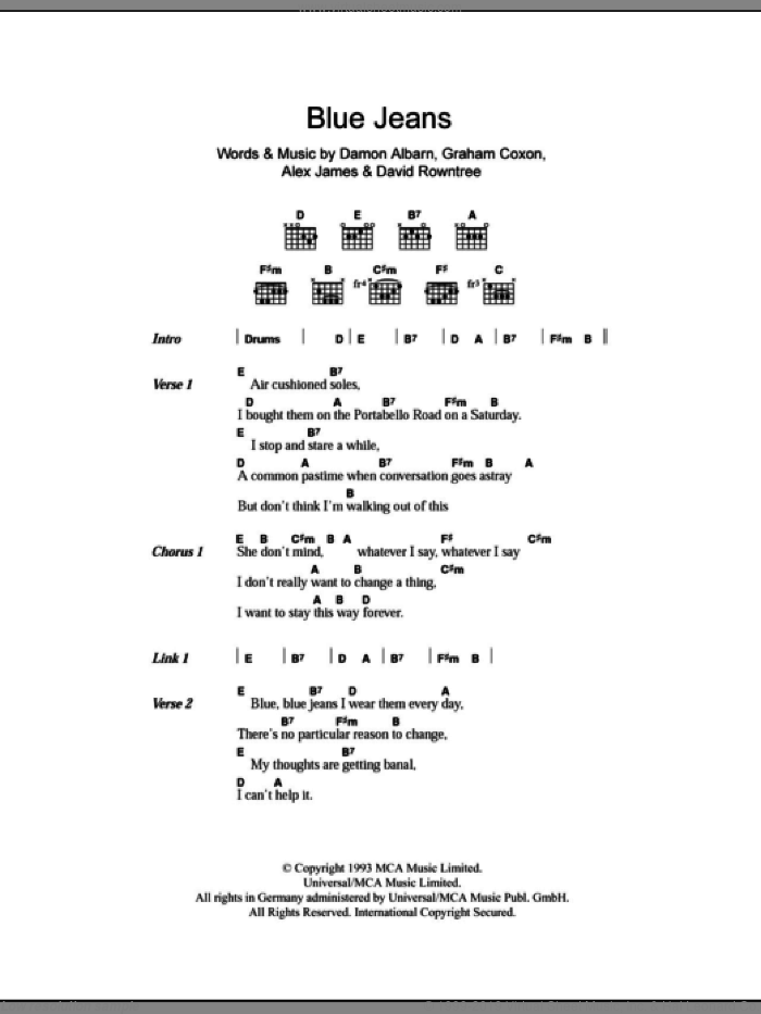 bordado taller Transparentemente Blur: Blue Jeans sheet music for guitar (chords) (PDF)