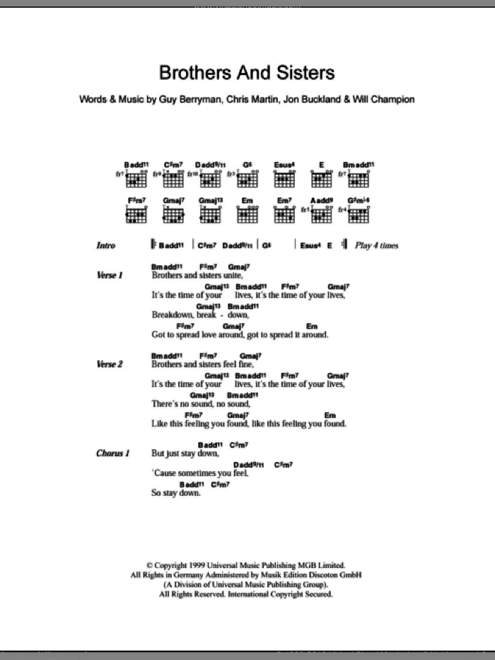 Brothers And Sisters sheet music for guitar (chords) by Coldplay, Chris Martin, Guy Berryman, Jon Buckland and Will Champion, intermediate skill level