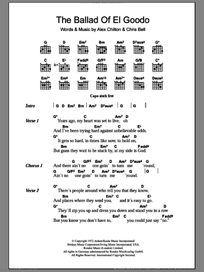 The Ballad Of El Goodo sheet music for guitar (chords) by Big Star, Alex Chilton and Chris Bell, intermediate skill level