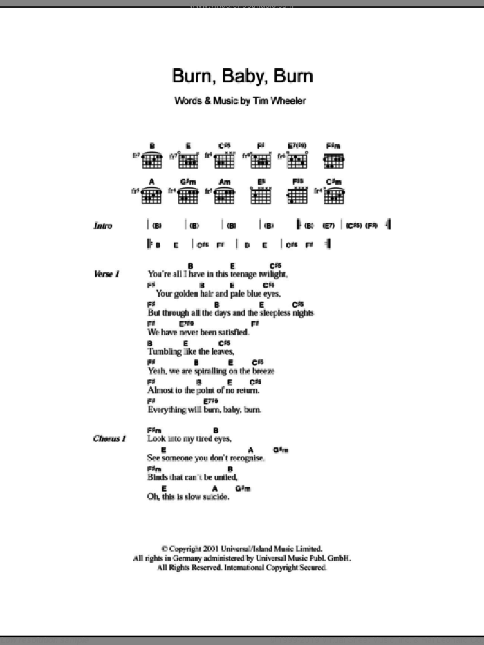 Burn Baby Burn sheet music for guitar (chords) by Tim Wheeler, intermediate skill level