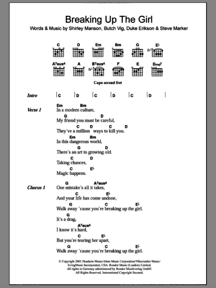 Breaking Up The Girl sheet music for guitar (chords) by Garbage, Butch Vig, Duke Erikson, Shirley Manson and Steve Marker, intermediate skill level