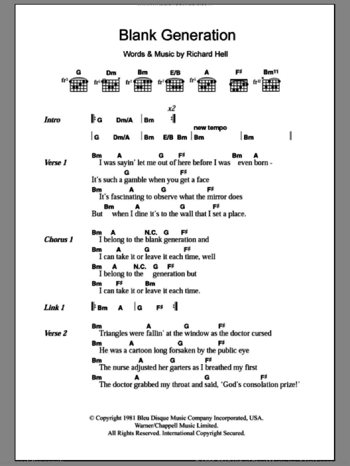 Blank Generation sheet music for guitar (chords) by Richard Hell & The Voidnoids and Richard Hell, intermediate skill level